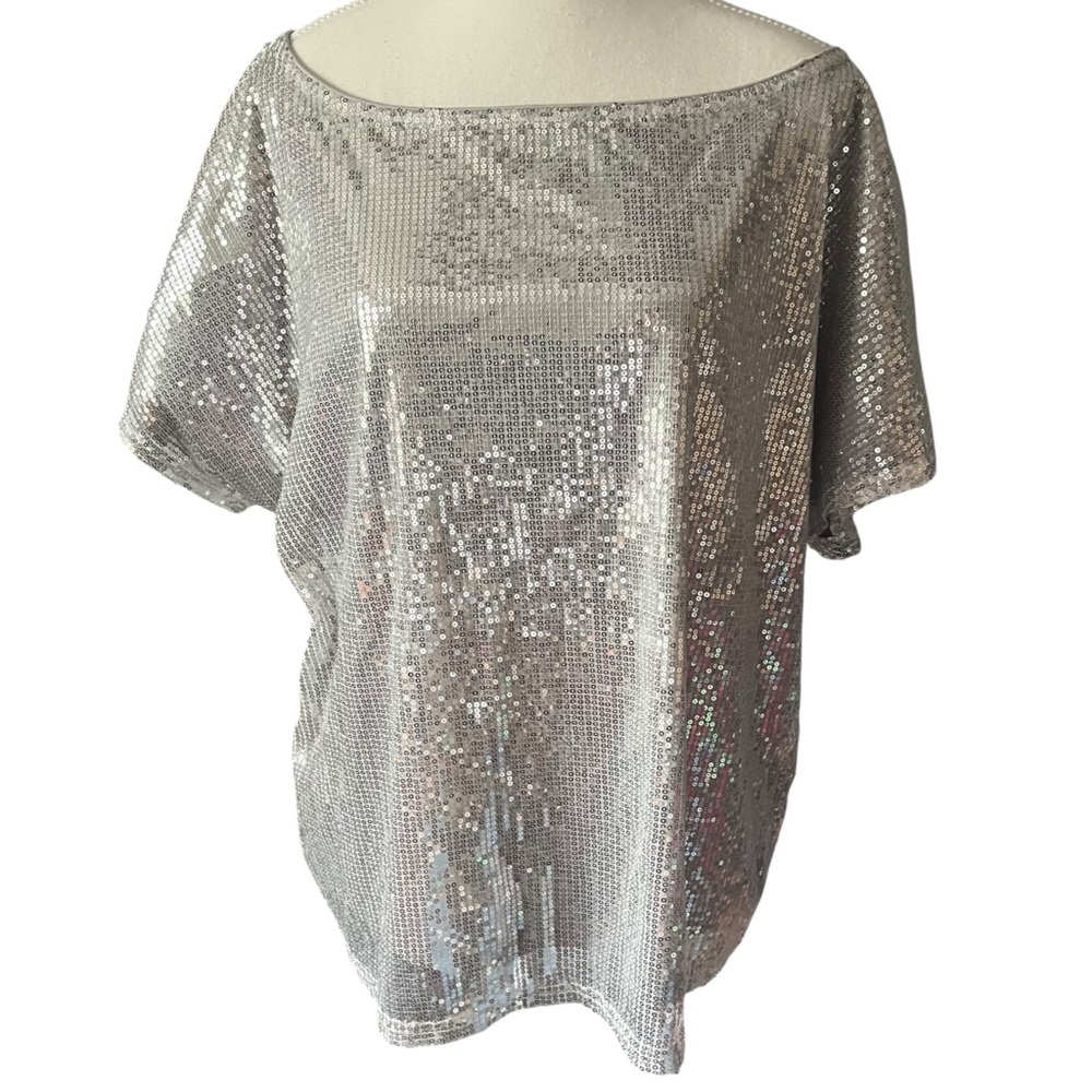 Glamorous Silver Sequin Short Sleeve Top Women's XL Going Out Party Concert